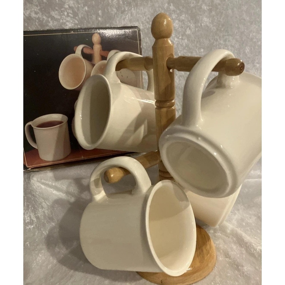 NEW IN BOX Vintage 1987 Stoneware 5 Piece 10oz. Mug Set W Wooden Tree Taiwan
